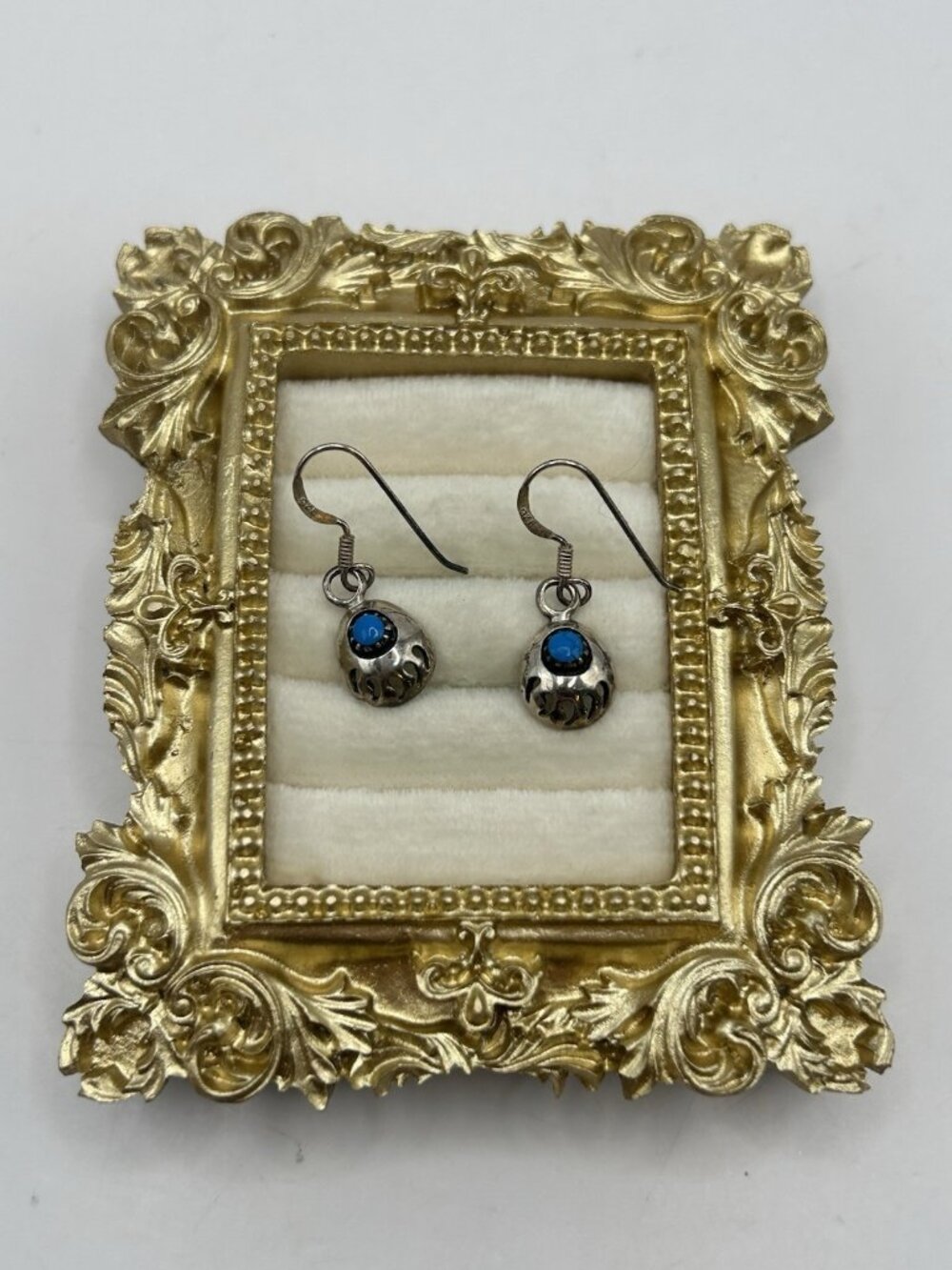 Native American Sterling Silver Turquoise Shadowbox Bear Paw Print Earrings Blue